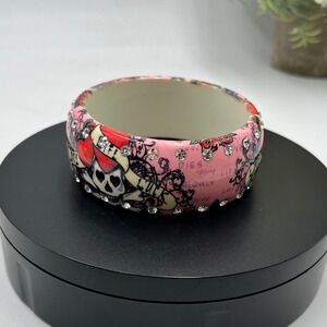 Ed Hardy Vintage Y2K Heart and Skull Love Life Luck Rhinestone Chunky Bangle